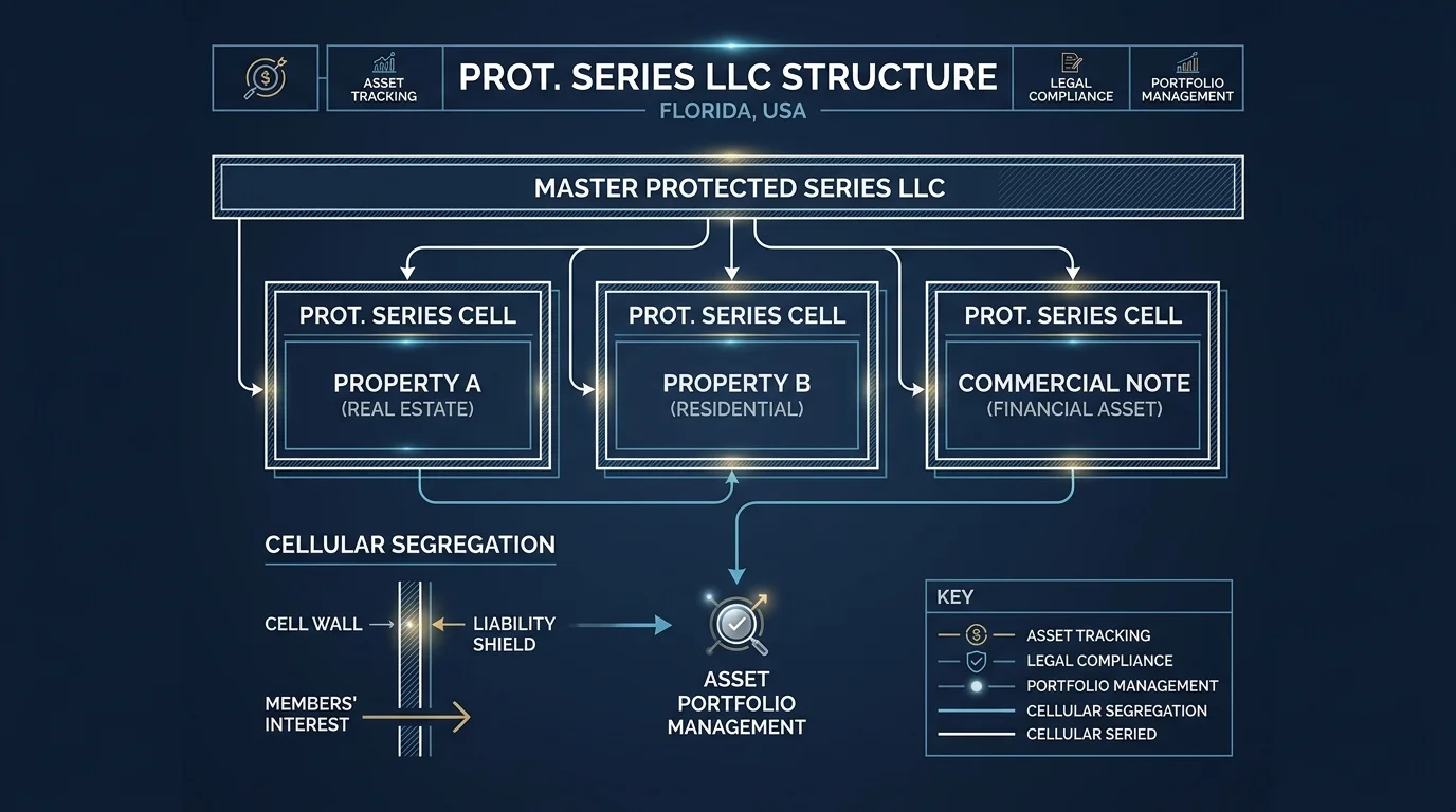 Florida Protected Series LLC Asset Protection Architecture Florida Protected Series LLC structure under Uniform Protected Series Act showing horizontal liability shield