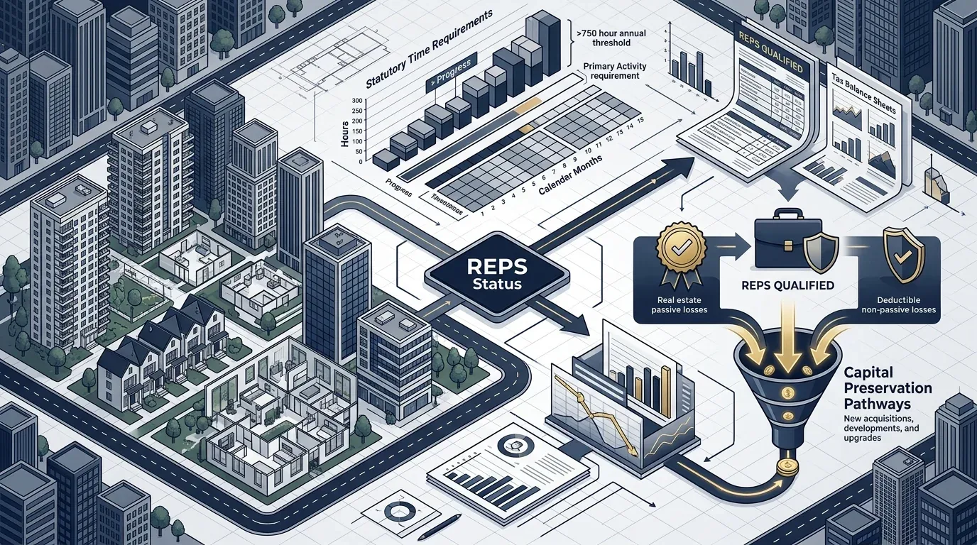 Real Estate Professional Status IRS Rules Architecture Real Estate Professional Status under IRC Section 469(c)(7) hours test and material participation compliance diagram