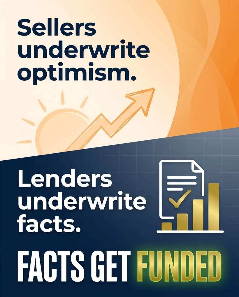 Sellers Underwrite Optimism Lenders Underwrite Facts Commercial real estate underwriting graphic contrasting seller optimism with lender underwriting facts for DSCR loans
