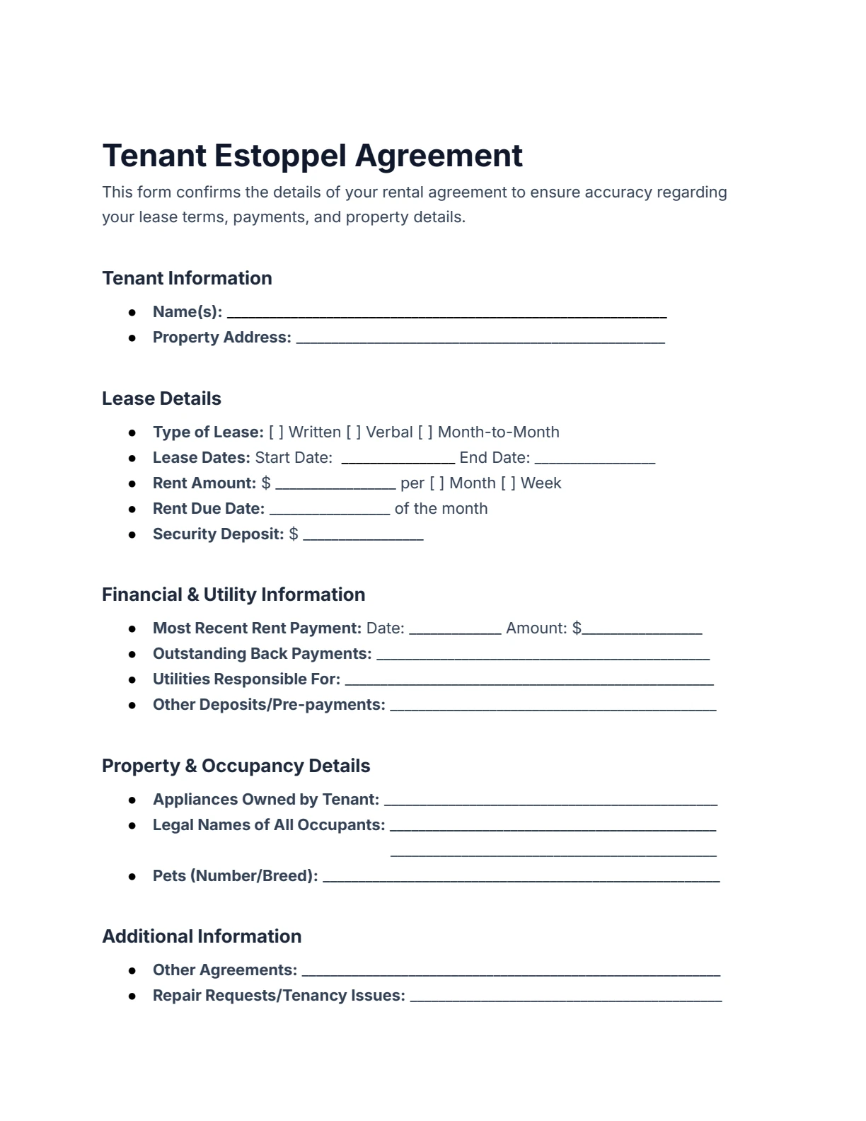 Tenant Estoppel Agreement Form Page 1 Preview